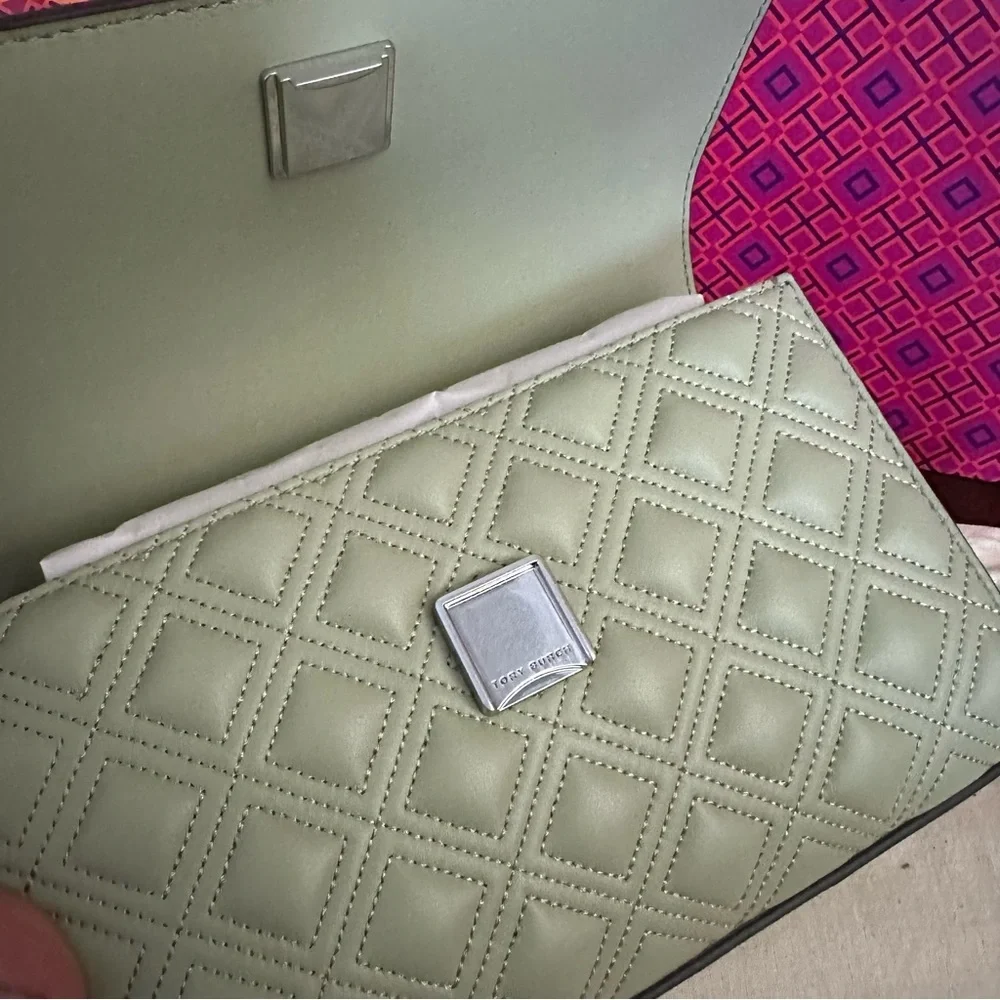 Tory Burch Olive Green Quilted Leather Shoulder Bag with Chain Strap